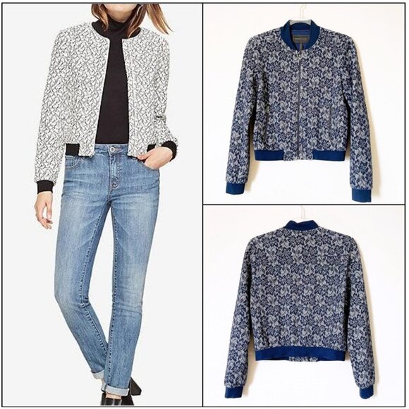 BCBGMaxAzria Floral Lace "Kenneth" Zip-Front Navy Blue Bomber Jacket - Size XXS - Picture 3 of 15